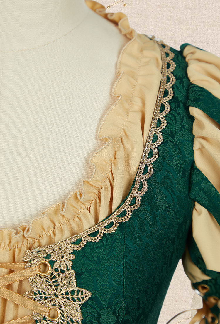 Medieval Renaissance Outfit Green and Yellow Vintage Wide Sleeve Dress