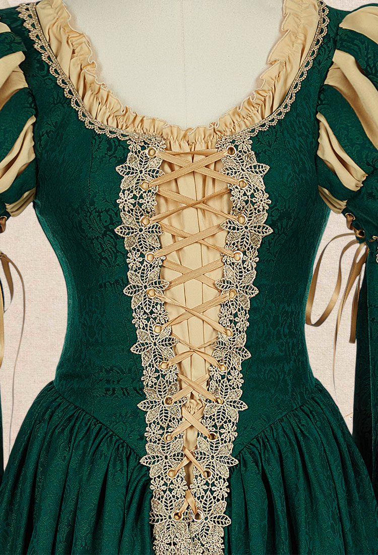 Medieval Renaissance Outfit Green and Yellow Vintage Wide Sleeve Dress