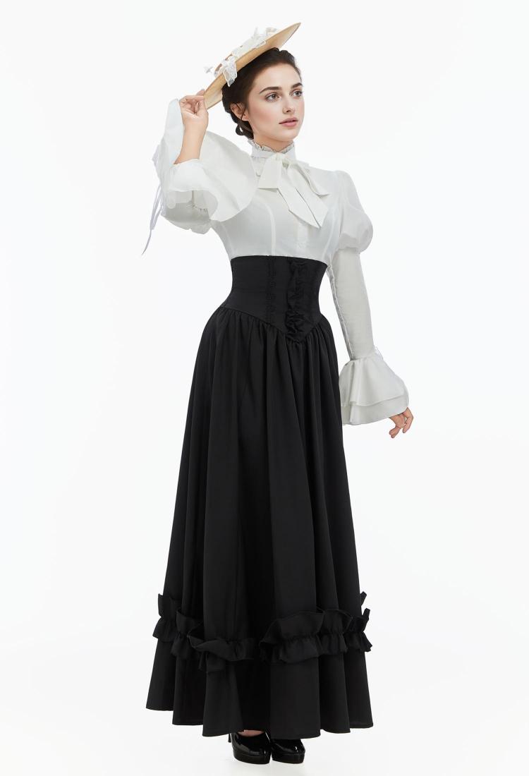 Vintage Victorian Style Blouse Skirt Set Medieval Gothic Halloween Costume with Tie