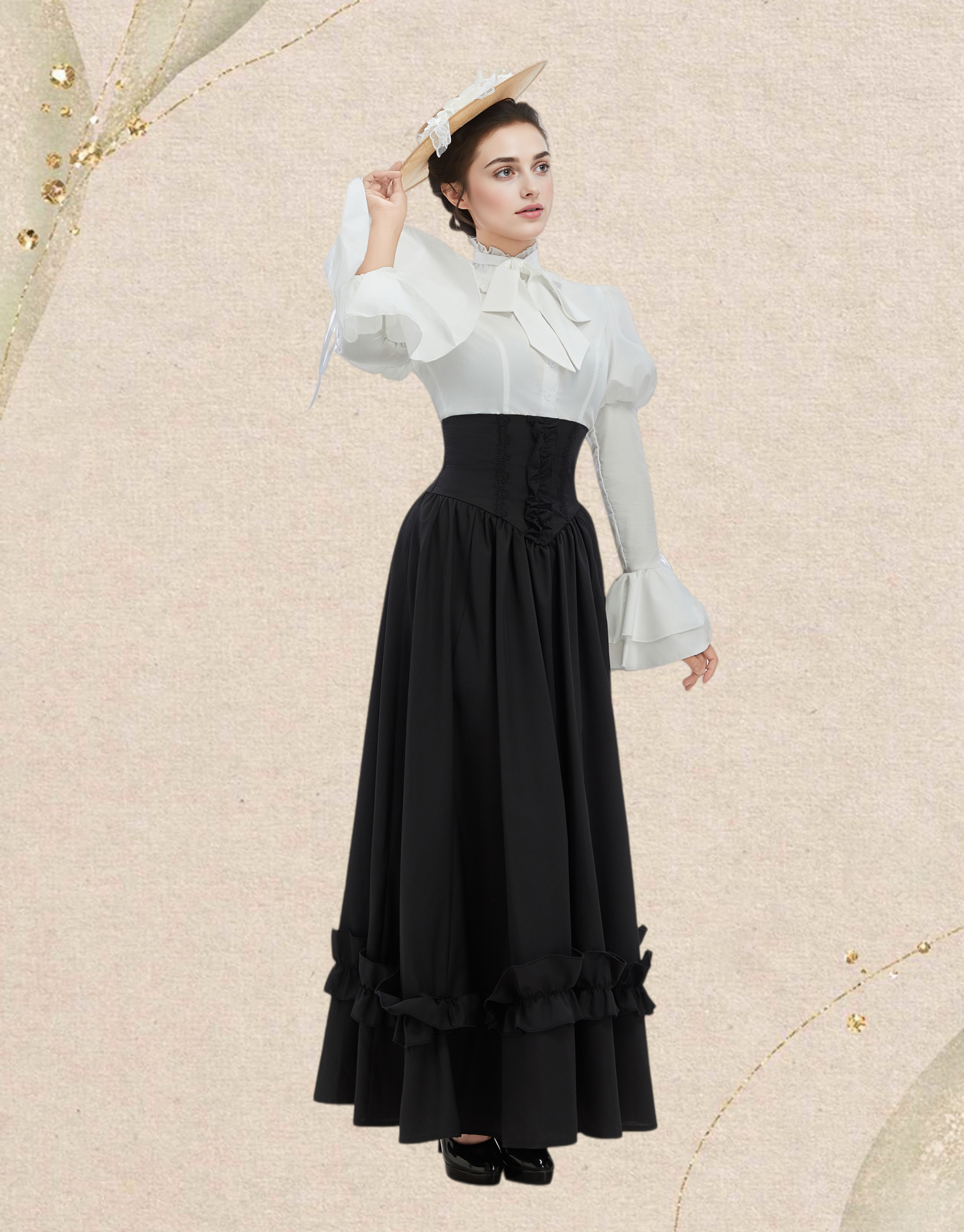 Vintage Victorian Style Blouse Skirt Set Medieval Gothic Halloween Costume with Tie