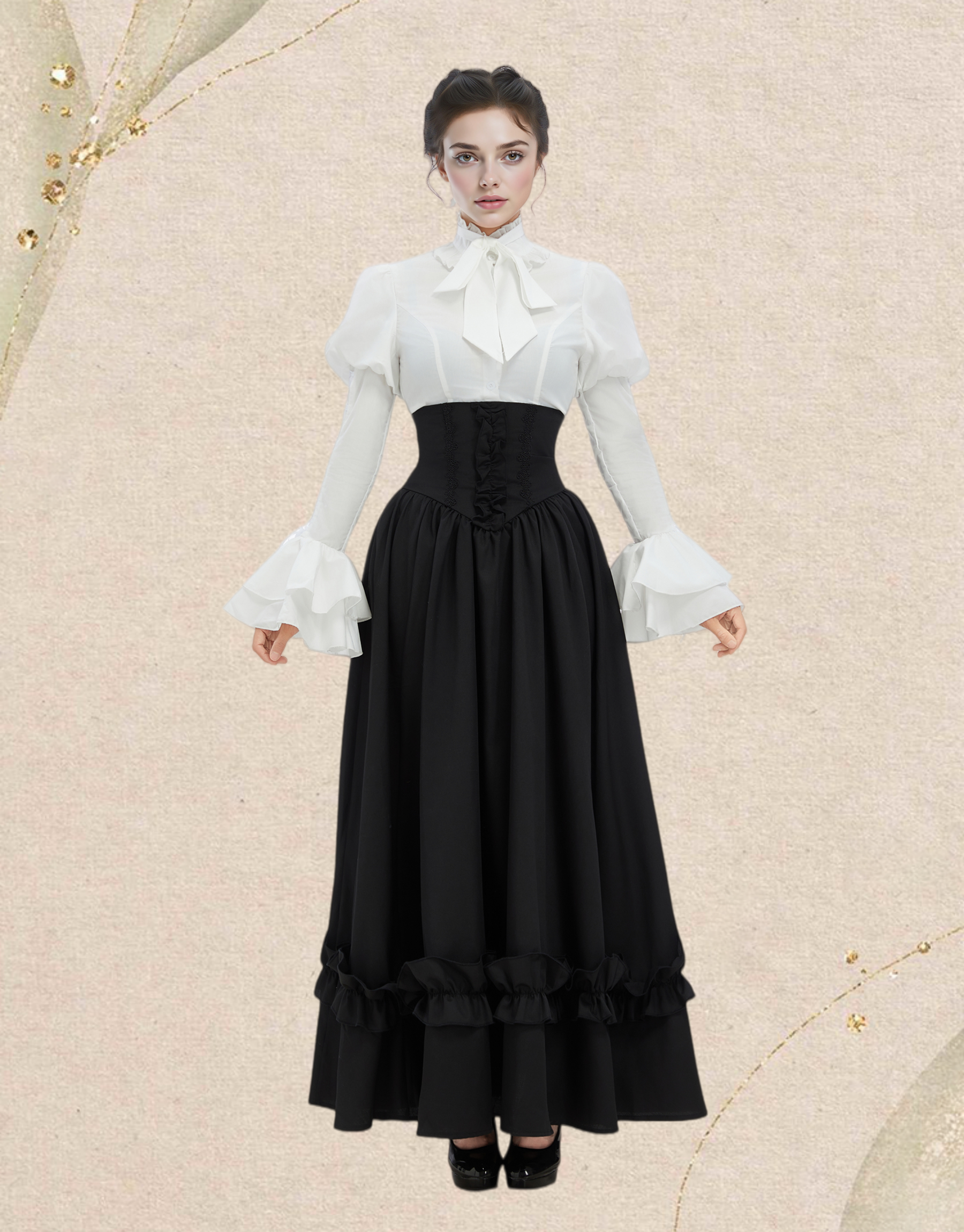 Vintage Victorian Style Blouse Skirt Set Medieval Gothic Halloween Costume with Tie
