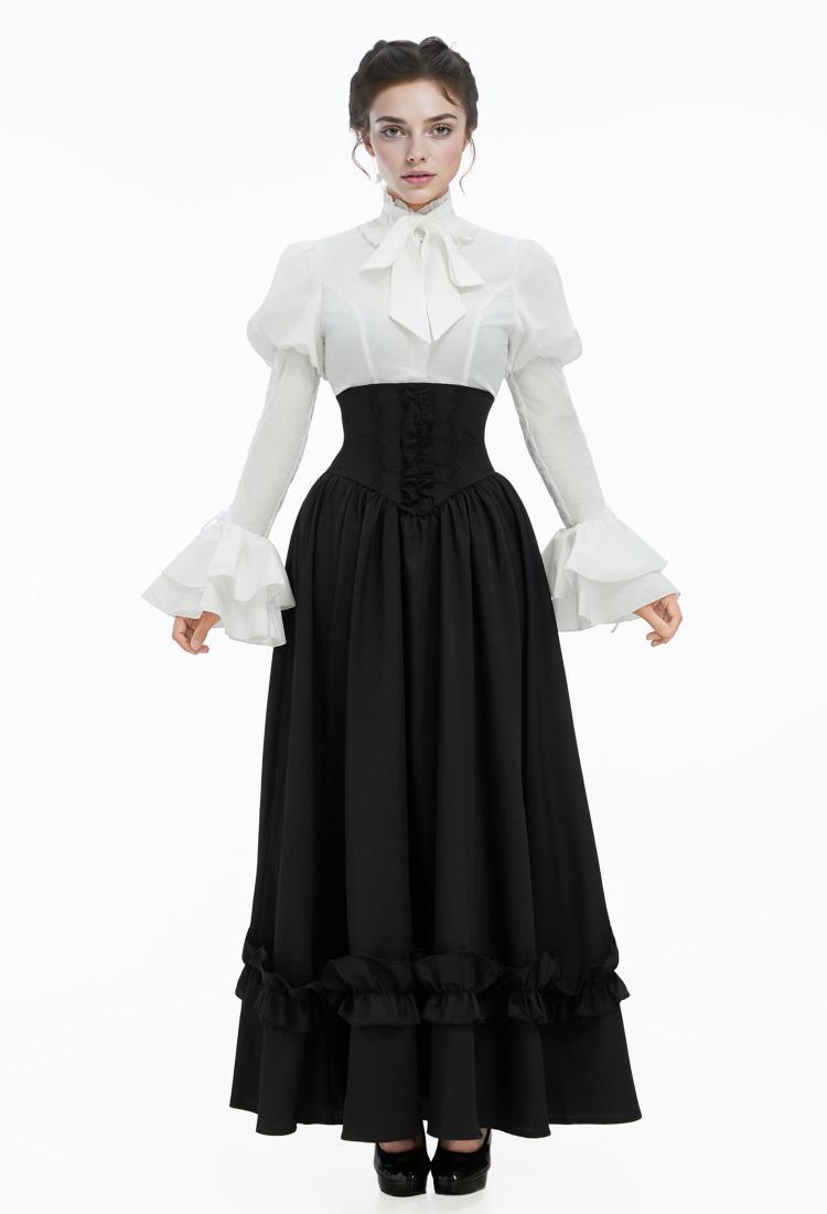 Vintage Victorian Style Blouse Skirt Set Medieval Gothic Halloween Costume with Tie