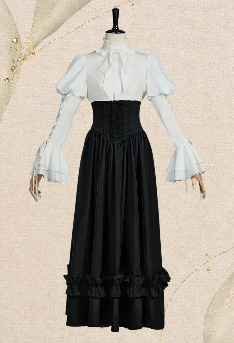 Vintage Victorian Style Blouse Skirt Set Medieval Gothic Halloween Costume with Tie