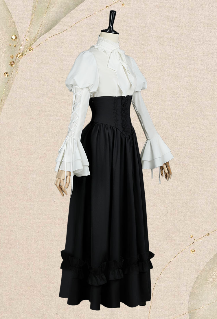 Vintage Victorian Style Blouse Skirt Set Medieval Gothic Halloween Costume with Tie