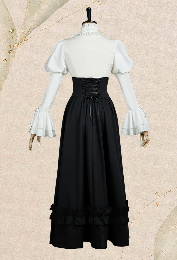 Vintage Victorian Style Blouse Skirt Set Medieval Gothic Halloween Costume with Tie