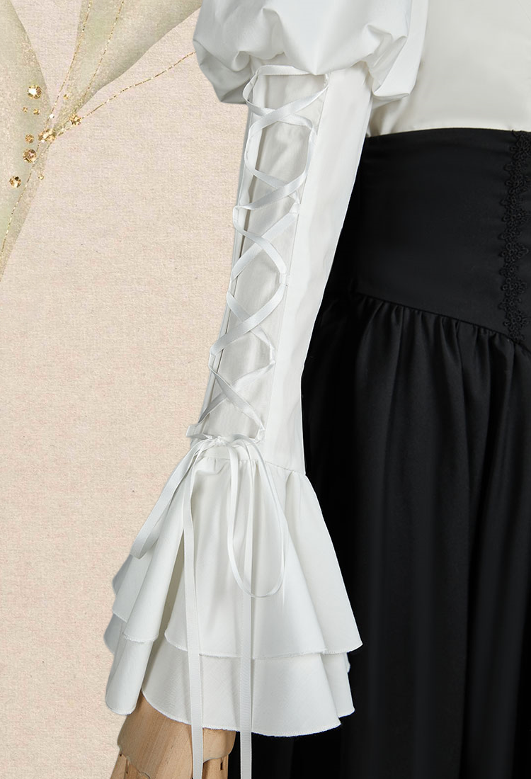 Vintage Victorian Style Blouse Skirt Set Medieval Gothic Halloween Costume with Tie