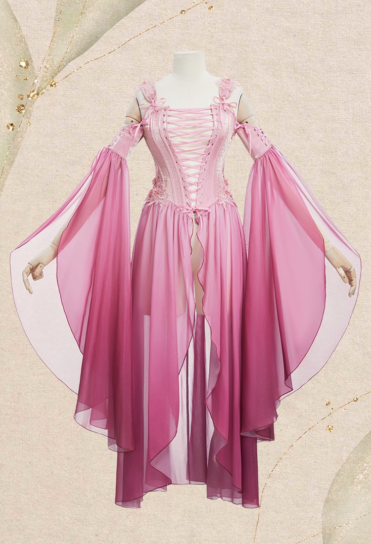 Medieval Renaissance Costume Elf Style Pink Gradient Dress with Sleeves