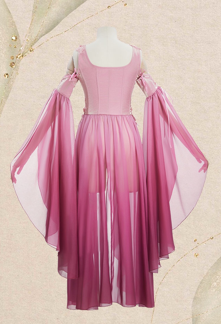 Medieval Renaissance Costume Elf Style Pink Gradient Dress with Sleeves