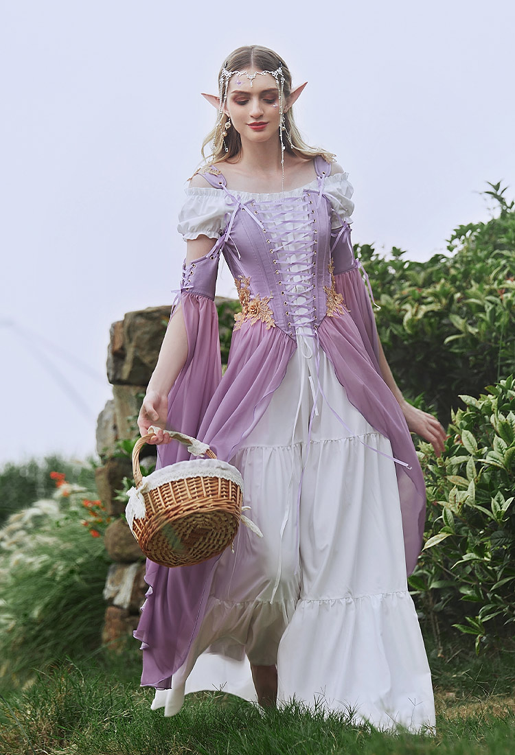 Medieval Renaissance Costume Elf Style Gradient Dress with Sleeves
