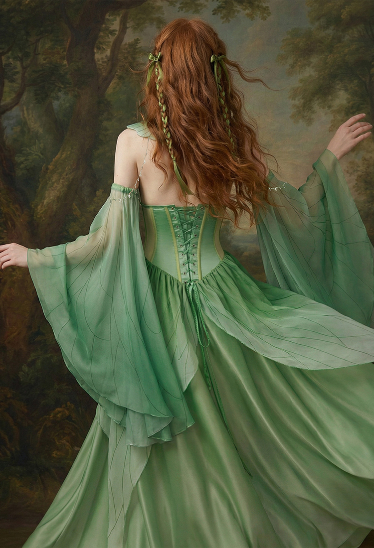 Renaissance Green Butterfly Fairy Dress Medieval Retro Dress with Flutter Sleeves