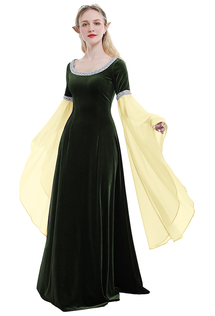 Renaissance Medieval Dress Handmade Vintage Forest Fairy Elf Velvet Back Lace-up Wine Red Evening Dress Cosplay Costume