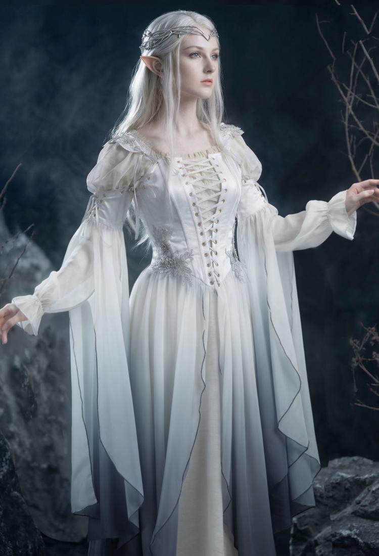 Medieval Renaissance Clothing Elf Style White Grey Gradient Dress with Sleeves Cosplay Costume
