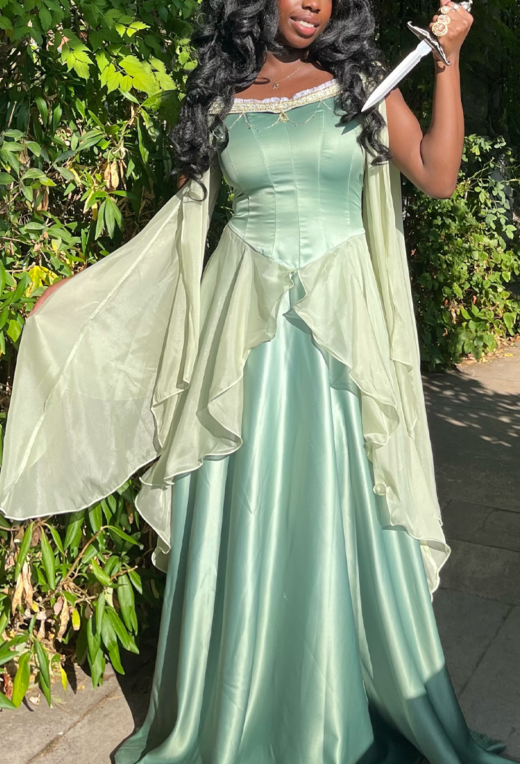 Medieval Dreamy Yellow Green Gradient Elf Dress Elegant Strapless Dress with Belt