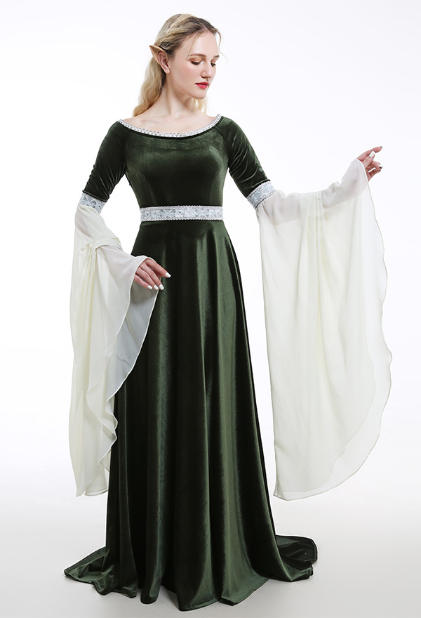 Medieval Fantasy Dress Retro Costume Forest Fairy Elf Velvet Gown