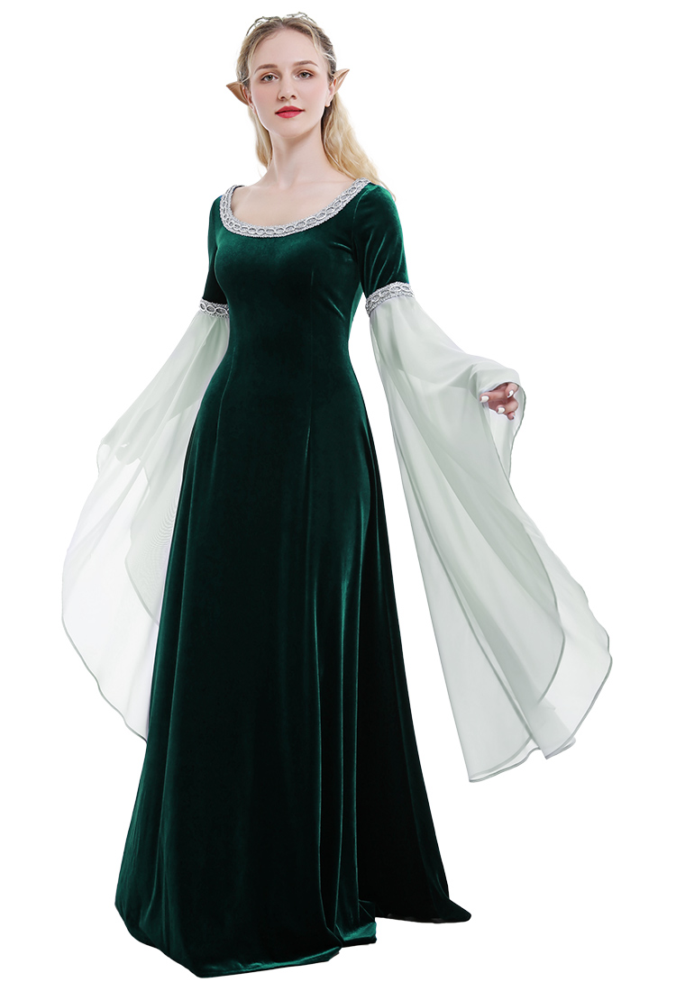 Renaissance Medieval Dress Handmade Vintage Forest Fairy Elf Velvet Back Lace-up Wine Red Evening Dress Cosplay Costume