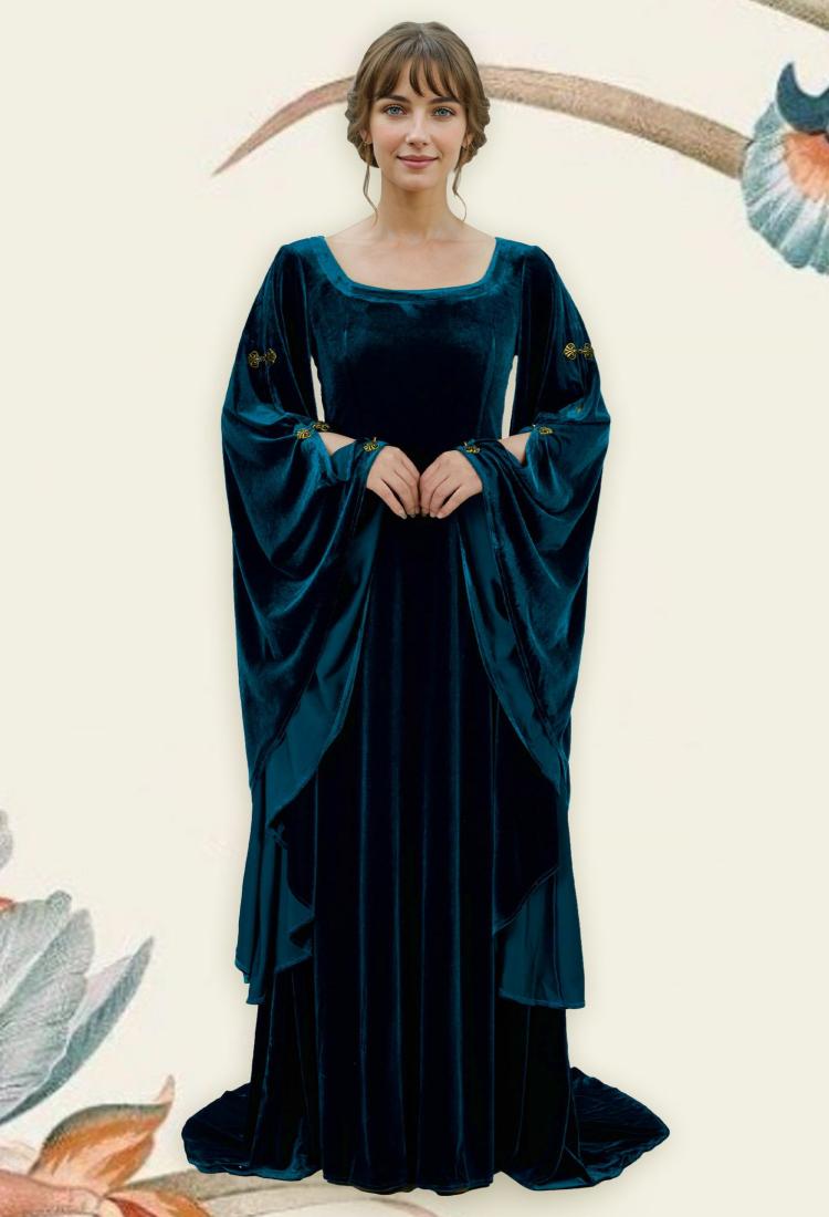 Medieval Renaissance Historical Blue Celtic Fairy Velvet Square Neck Wide Sleeve Long Gown