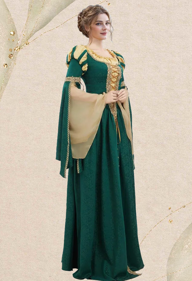 Medieval Renaissance Outfit Green and Yellow Vintage Wide Sleeve Dress
