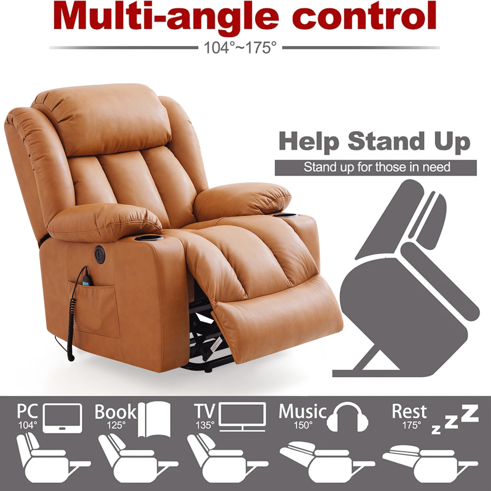MERITLIFE Leather Recliner Chair for Elderly,OKIN Motor Oversized Power Lift Recliner Chairs with Massage and Heated,USB Port, 2 Cup Holder, 2 Side Pockets, Easy Assembly(Orange)