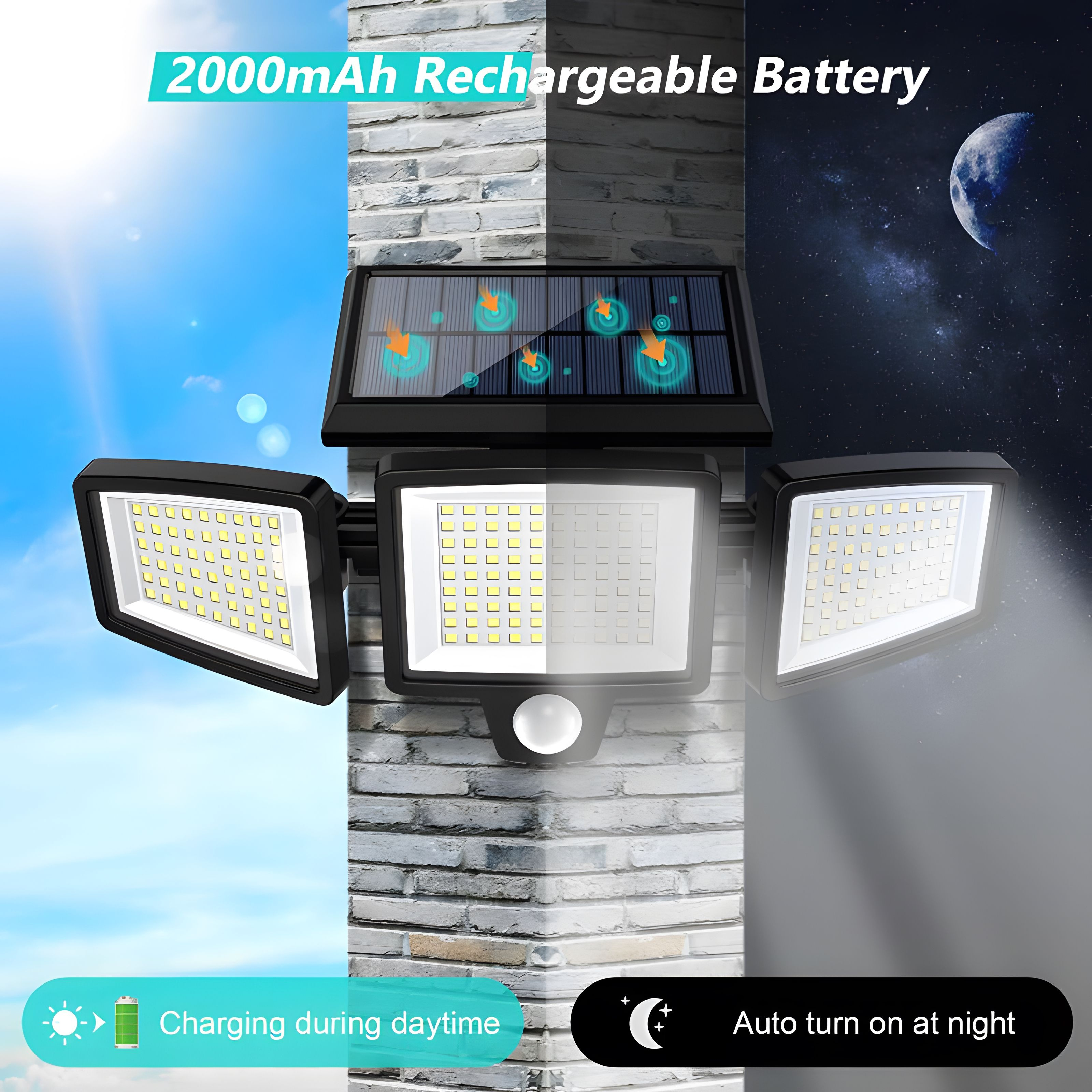 MYPOWR Solar Outdoor Lights 2 Pack 2500LM 210 LED Security Lights with Remote Control,3 Heads Motion Sensor Lights, IP65 Waterproof, 270&deg; Wide Angle Flood Wall Lights with 3 Modes
