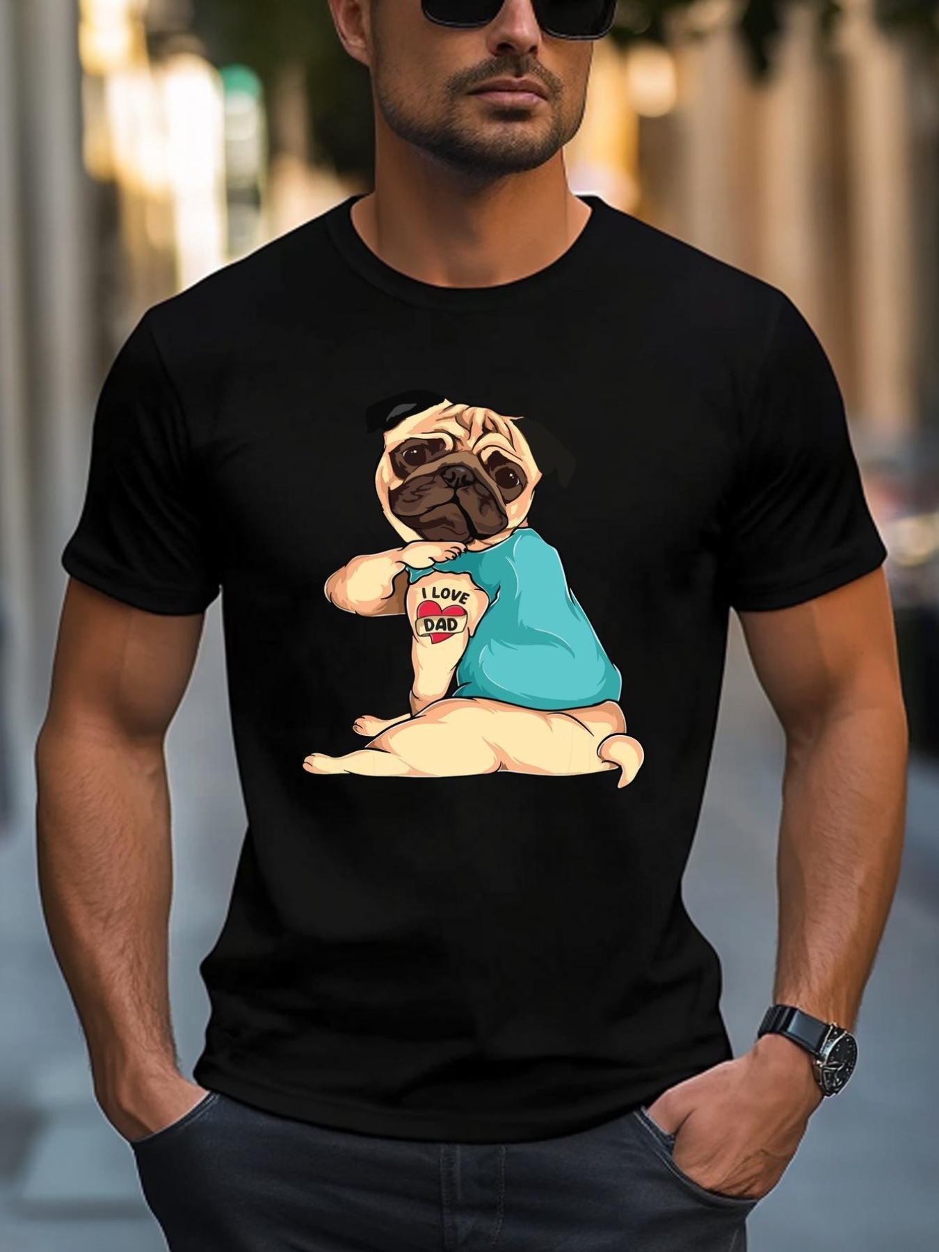 Unisex Fathers Day Gift Funny Dog Pug I Love Dad Tattoo T-Shirt