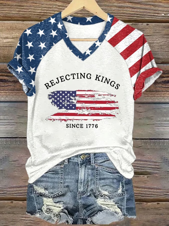 Women's Rejecting Kings Since 1776 American Flag Print Graphic Tee