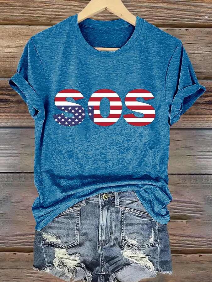 Women's Retro SOS American Flag Print Graphic Tee