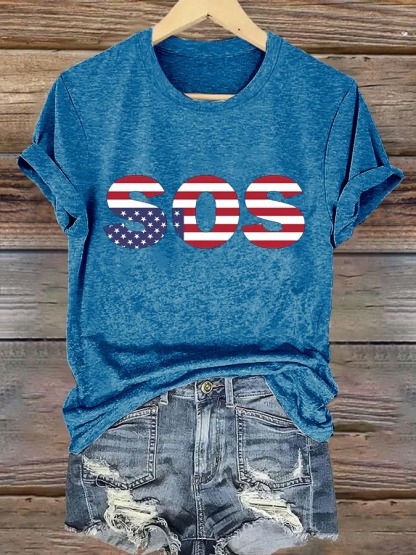 Women's Retro SOS American Flag Print Graphic Tee