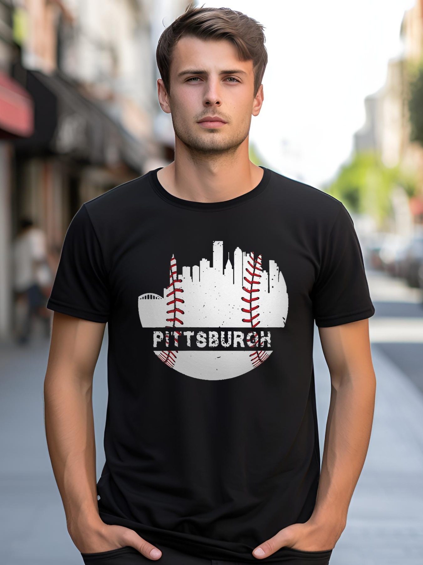 Unisex Womens Pittsburgh Baseball Cityscape Distressed Novelty Pirate Gift shirt  Graphic Tee