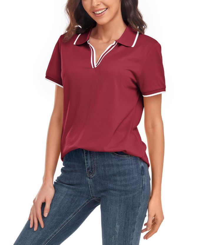 Women's V Neck Slim Fit Solid Color Golf Polo Shirt