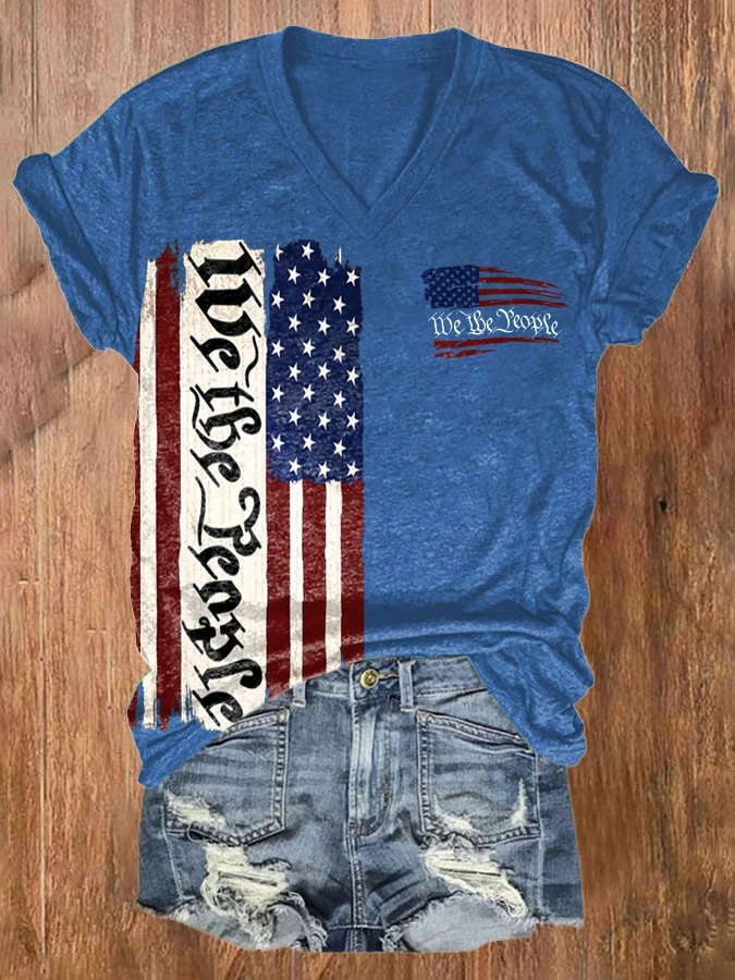 Women's V Neck American Flag Print 4th Of July Graphic Tee