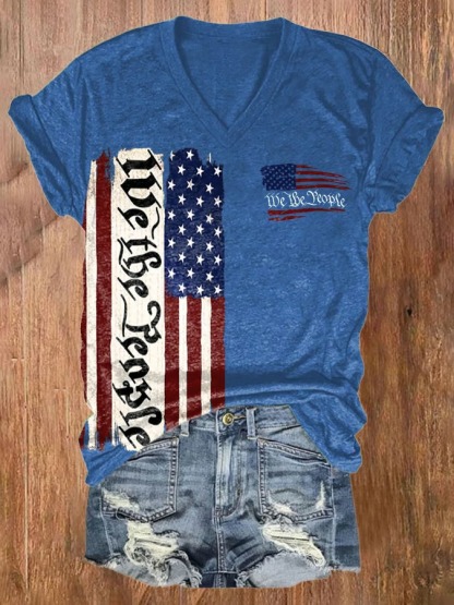 Women's V Neck American Flag Print 4th Of July Graphic Tee