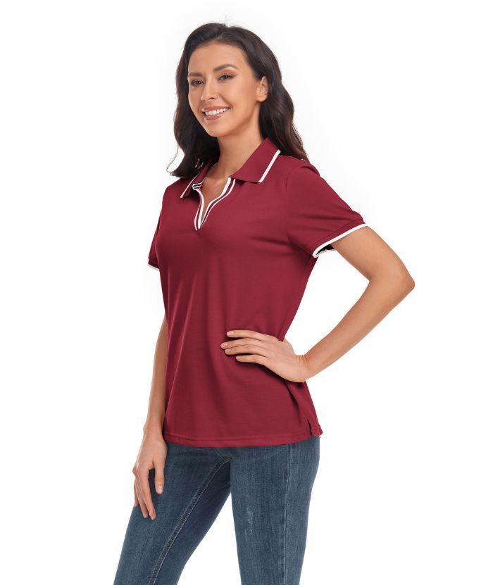 Women's V Neck Slim Fit Solid Color Golf Polo Shirt