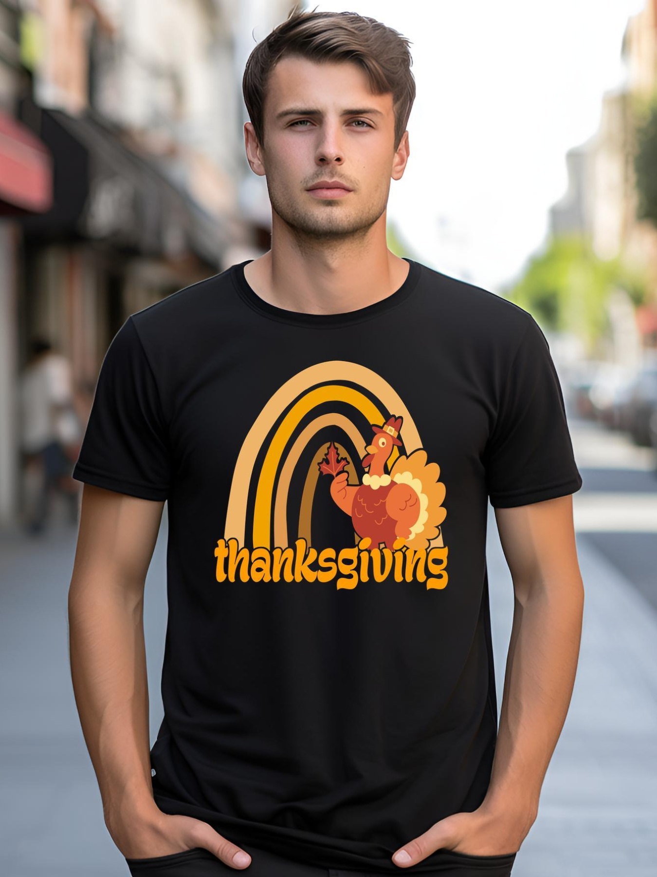 Unisex Thanksgiving Rainbow Turkey Holiday Cute shirt  Graphic Tee