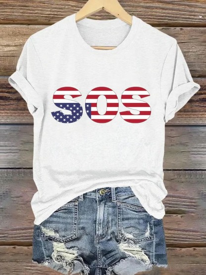 Women's Retro SOS American Flag Print Graphic Tee