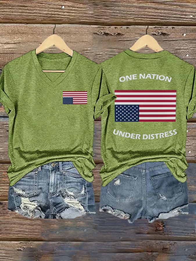 Women's V-neck Retro One Nation Under Distress Print 4th Of July Graphic Tee