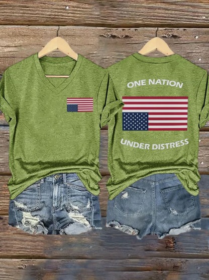 Women's V-neck Retro One Nation Under Distress Print 4th Of July Graphic Tee