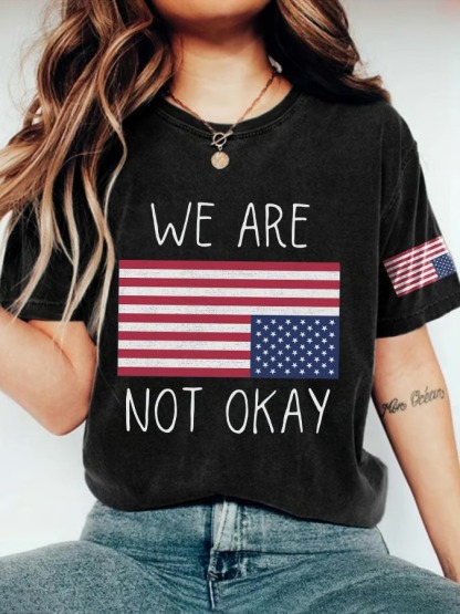 Women's Retro We Are Not Ok American Flag Print Graphic Tee
