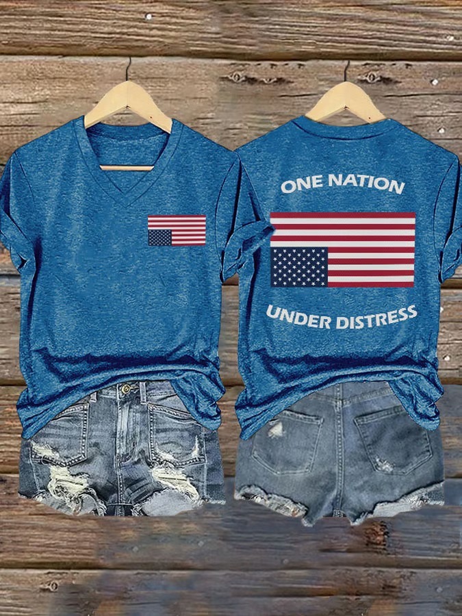 Women's V-neck Retro One Nation Under Distress Print 4th Of July Graphic Tee