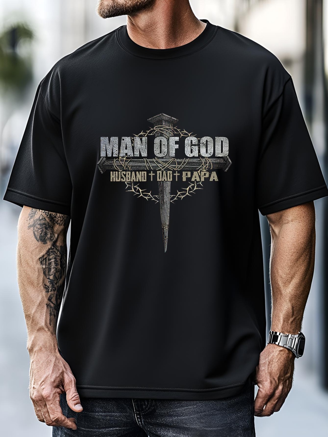 Unisex Man Of God Husband Dad Papa Christian Cross FatherS Day T-Shirt