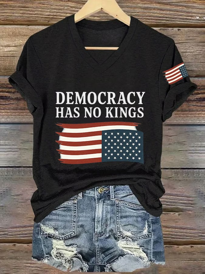 Women's V Neck Democracy Has No King American Flag Print Graphic Tee