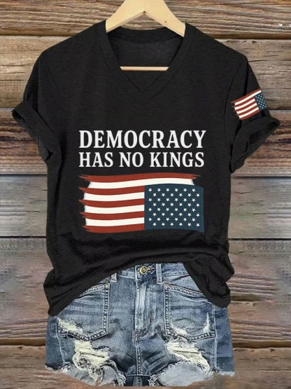 Women's V Neck Democracy Has No King American Flag Print Graphic Tee