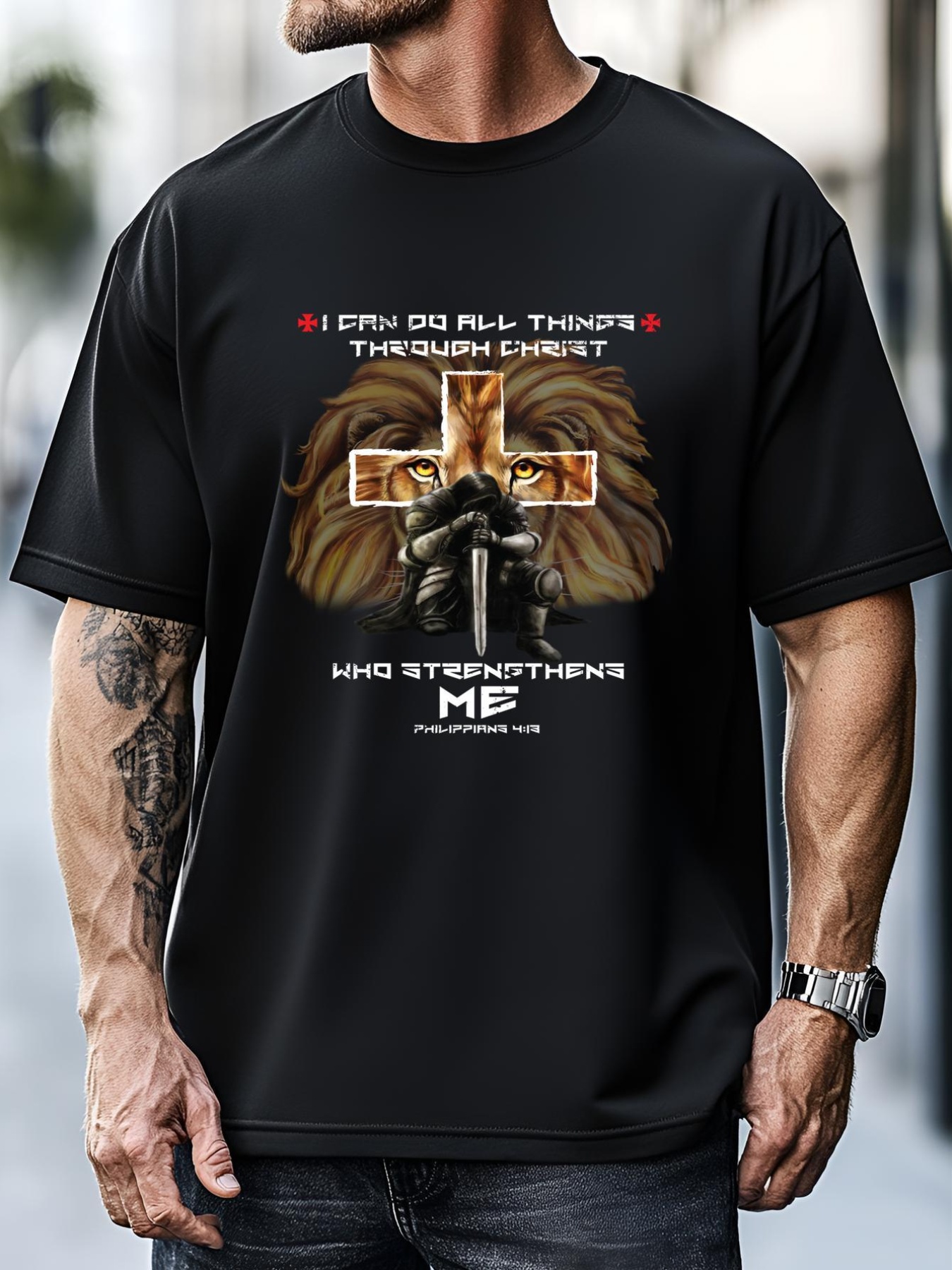 Unisex Religious Funny Gift Dad Lion Cross Christian Fathers Day Gift T-Shirt