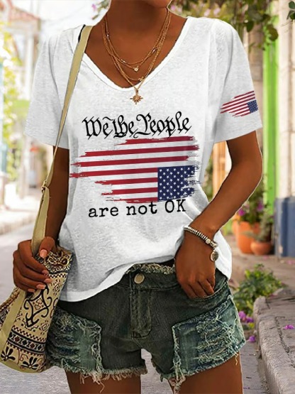 Women's V Neck We The People Are Not Ok Print 4th Of July Graphic Tee