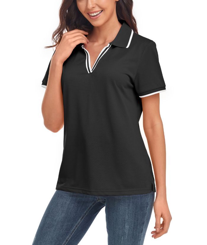 Women's V Neck Slim Fit Solid Color Golf Polo Shirt