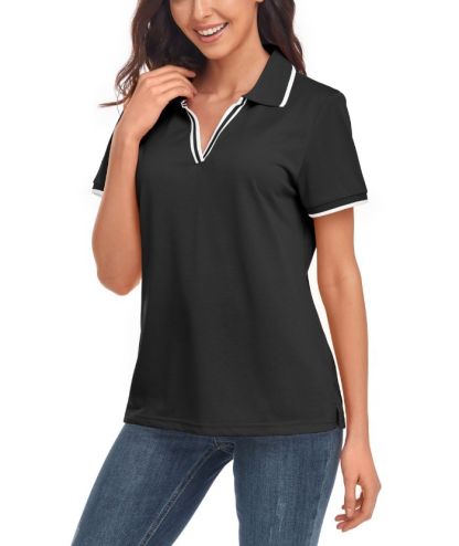 Women's V Neck Slim Fit Solid Color Golf Polo Shirt