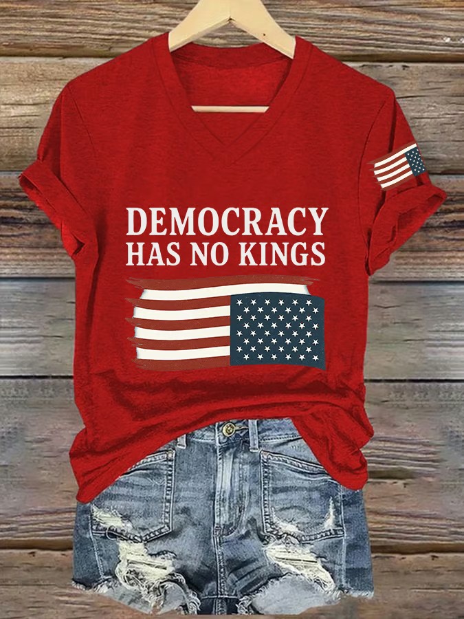 Women's V Neck Democracy Has No King American Flag Print Graphic Tee