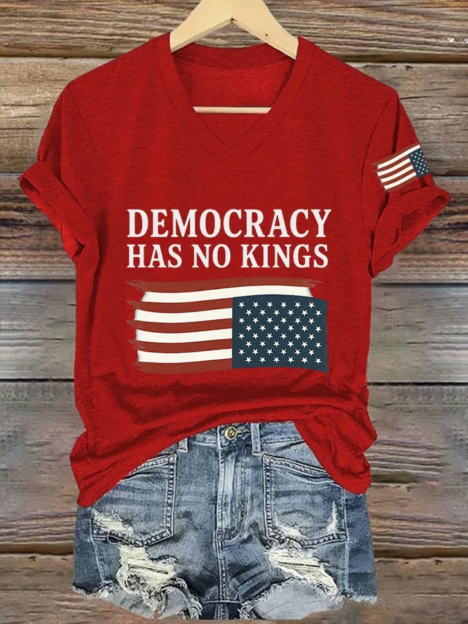 Women's V Neck Democracy Has No King American Flag Print Graphic Tee
