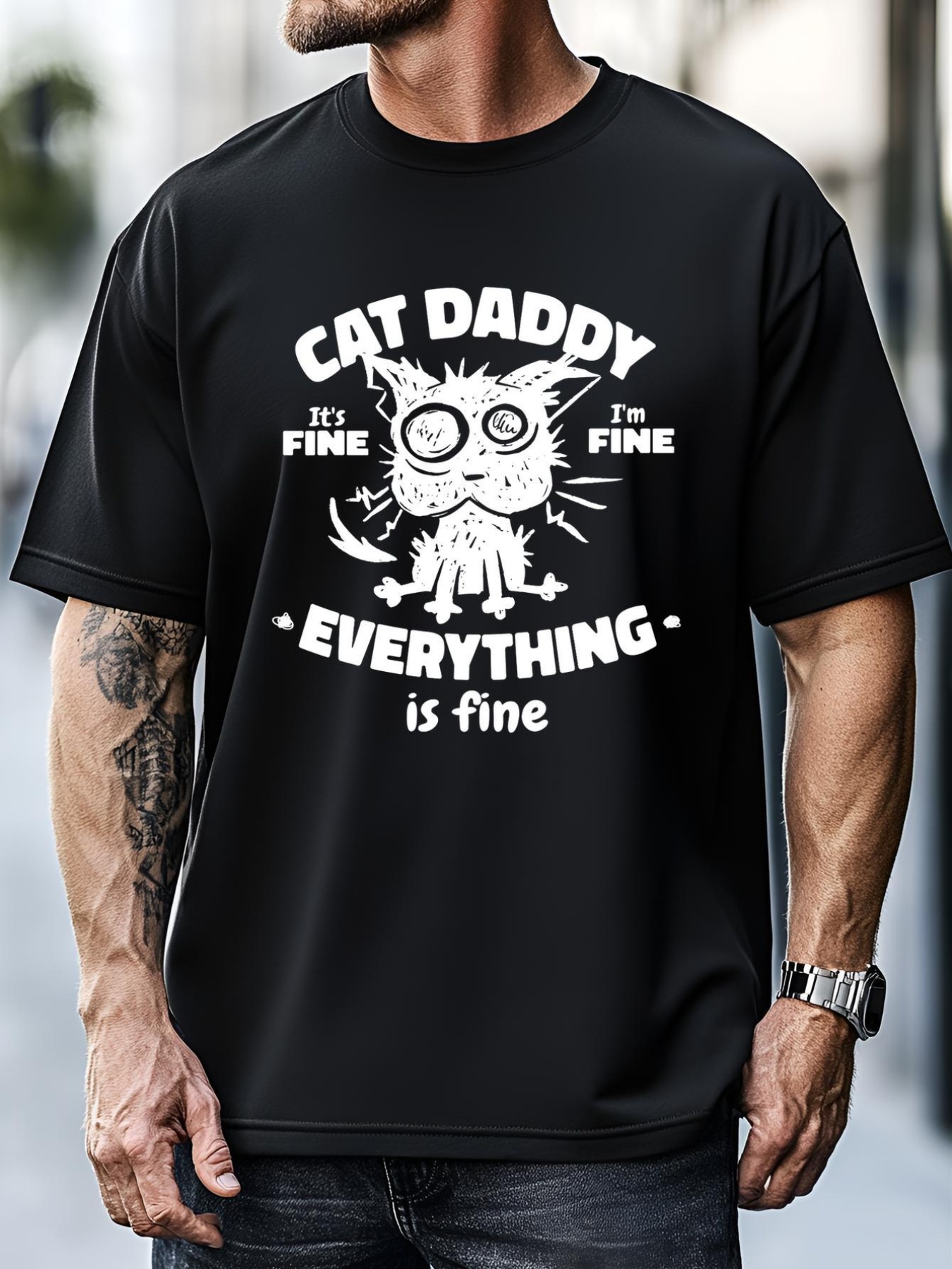 Unisex Cat Daddy Funny Black Cat Father's Day It's Fine I'm Fine T-Shirt