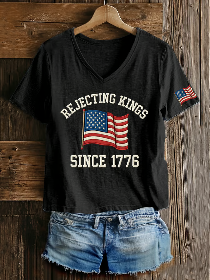 Women's V Neck American Flag Printed Graphic Tee