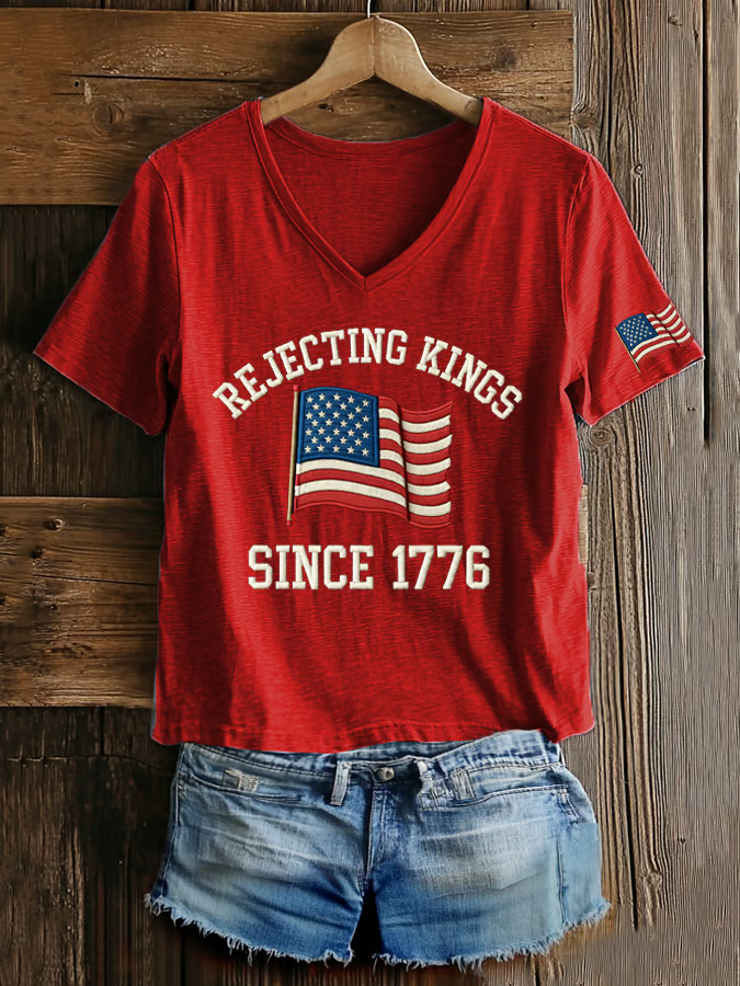 Women's V Neck American Flag Printed Graphic Tee